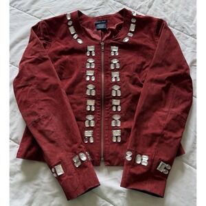 Boston Proper 100% Leather Suede Jacket Red + Faux Diamonds Sz 12 Zip Up Lined
